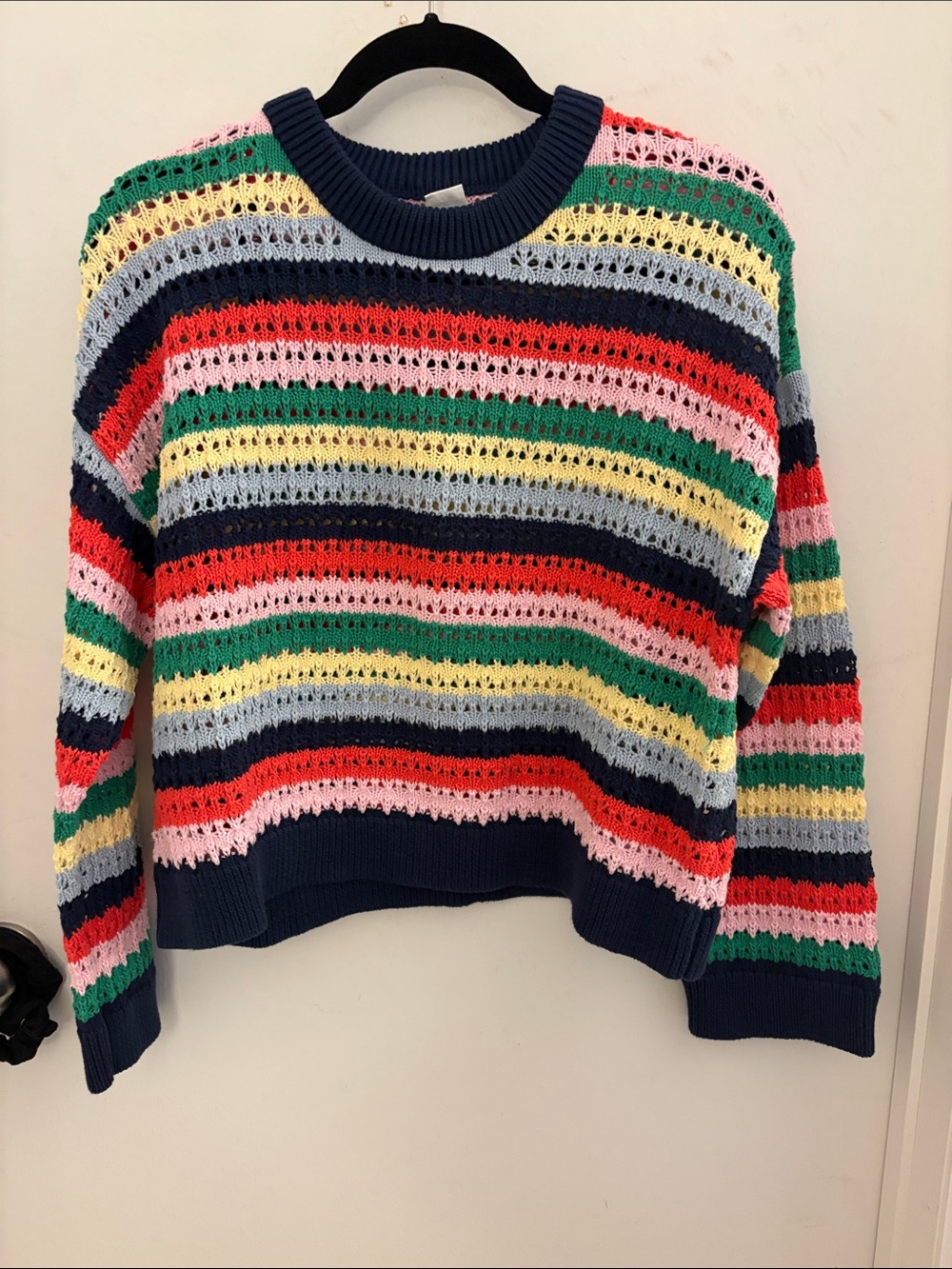 GAP Multicolor Open-Knit Stripe Crewneck Sweater - Navy Trim